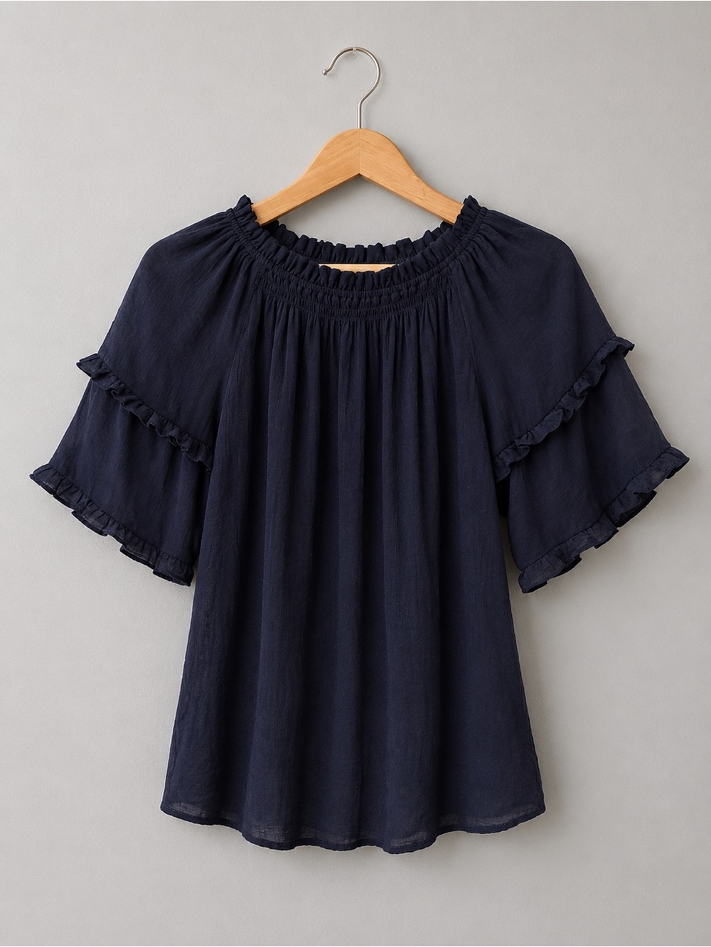 Nanette Lepore Navy Off Shoulder Blouse Womens Ruffle Sleeve Boho pheasant